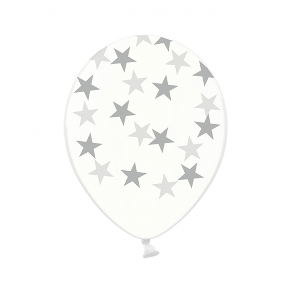 6 Motivballons Clear - Ø 30cm - Stars - Silber - Luftballon-Welt