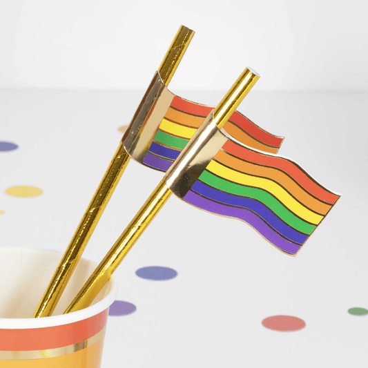 16 Gold Foiled Rainbow Flag Straws - Luftballon-Welt