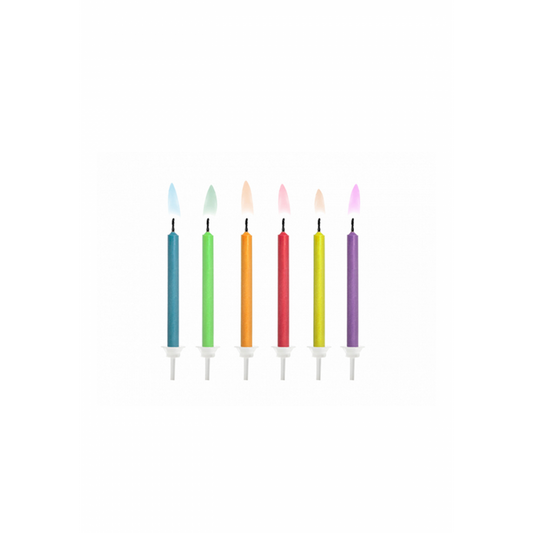 6 Kuchenkerzen mit Halterung - Bunt - Colored Flames - Luftballon-Welt