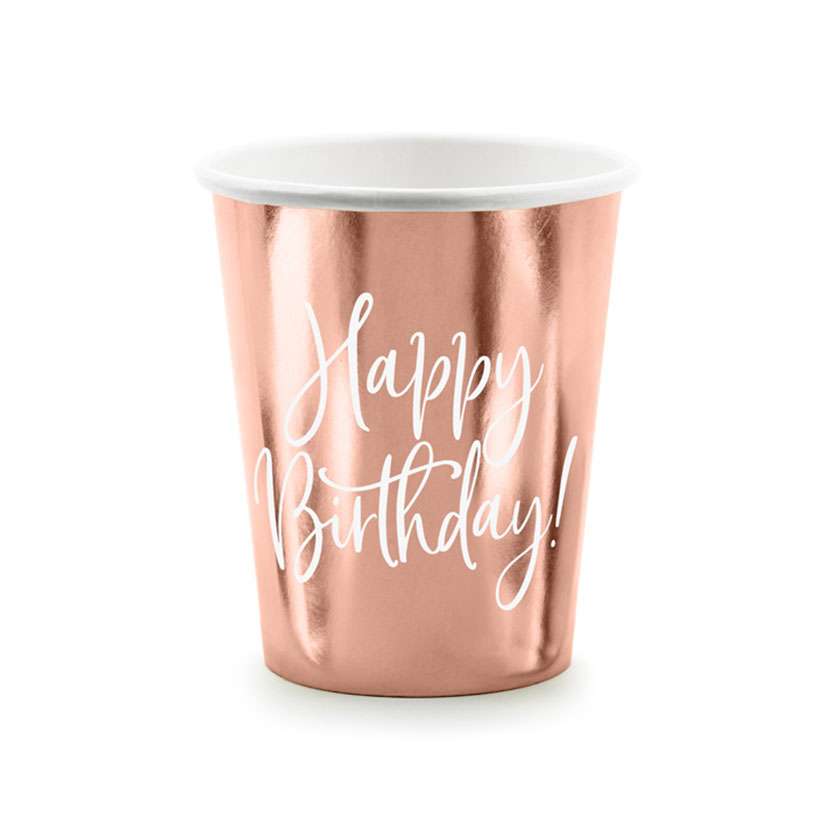 6 Pappbecher Trend - 260ml - Happy Birthday RoseGold - Luftballon-Welt