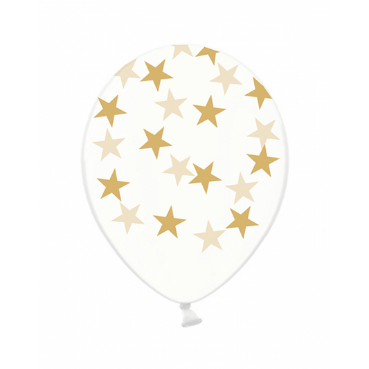 6 Motivballons Clear - Ø 30cm - Stars - Gold - Luftballon-Welt 