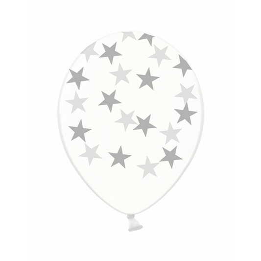 6 Motivballons Clear - Ø 30cm - Stars - Silber - Luftballon-Welt